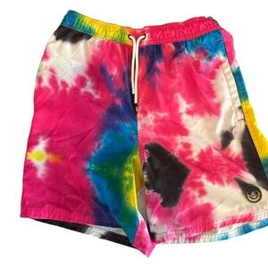 Neff Men's Tie Dye Swim Trunks Sz MED Hot Tub Shorts Pockets Tie Front Colorful